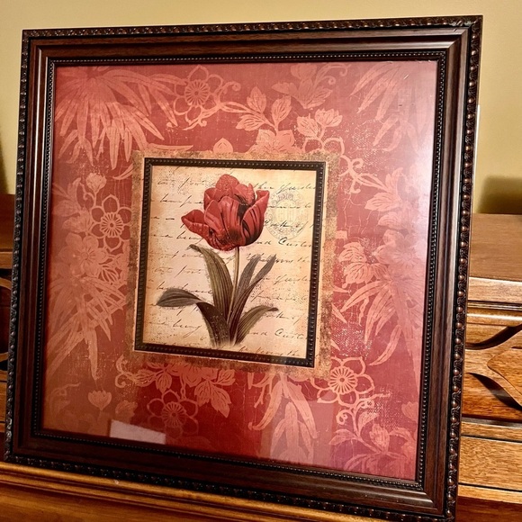 Framed Burgandy Tulip Art Print Brown Engraved Frame Artist is Elizabeth Brownd - Picture 8 of 11